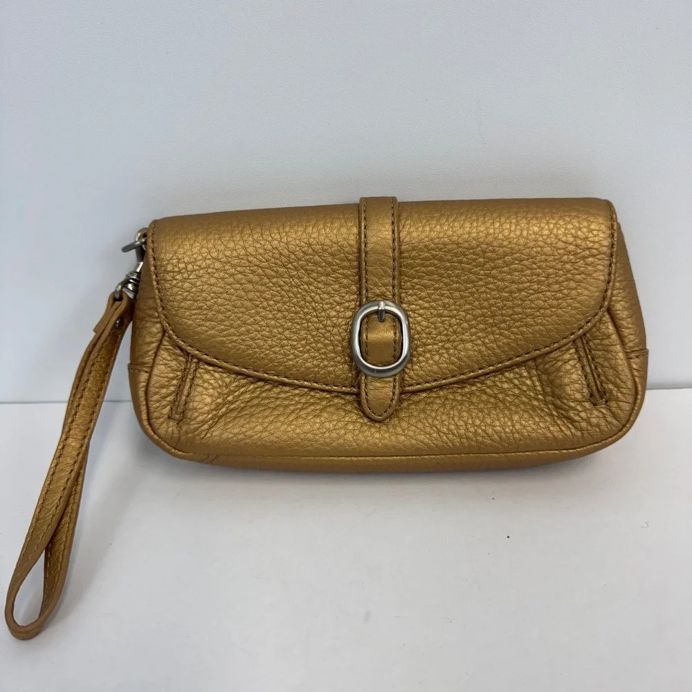 Talbots Metallic Gold Pebbled Leather Wristlet Clutch Bag Silver Buckle‎ Detail